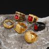 Vnox Punk Red CZ Stone Ring for Men, Gold Plated Stainless Steel Finger Band, Gothic Rock Square Metal Round Ring Jewelry Gifts