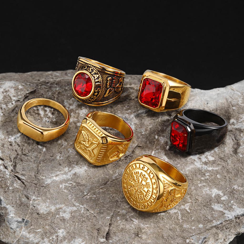 Vnox Punk Red CZ Stone Ring for Men, Gold Plated Stainless Steel Finger Band, Gothic Rock Square Metal Round Ring Jewelry Gifts