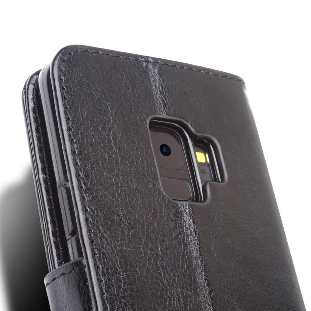Galaxy S9 Case - Leather Wallet Flip Protective Case Cover with Card Slots, Kickstand and Wrist Strap - Black PU Leather Compatible
