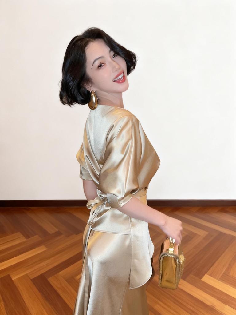 Elegant Champagne Acetate Suit for Women: Satin Top & Fishtail Skirt Set (Spring/Autumn)
