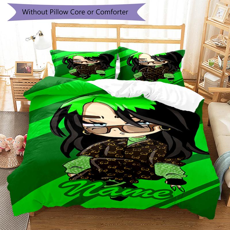 3pcs Custom Name Billie Eilish Bedding Set Duvet Cover Closure Includes 1 Duvet Cover & 2 Pillowcases, Soft and Comfortable for All Seasons.