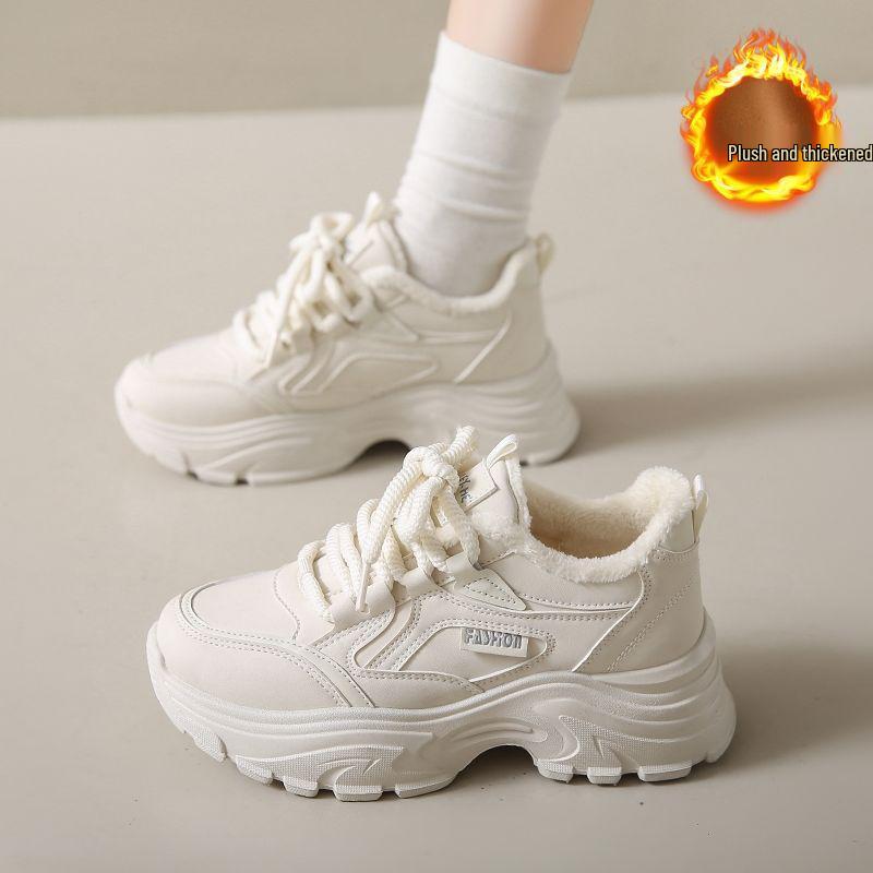 Fleece-Lined Leather Women's Sneakers: Trendy, Lightweight, Height-Boosting Casual Winter Shoes