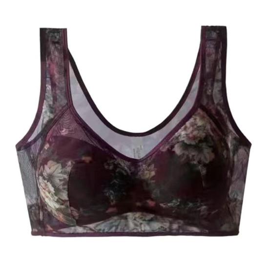 

Женский бюстгальтер среднего возраста, тонкий сетчатый бюстгальтер больших размеров с цветочным принтом, широкий плечевой ремень, беспроводной, не затягивается, пуш-ап XXXXL фиолетовый