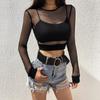 Summer Women's Solid Colour Sexy Hollow Out Mesh Bottom T-Shirt Top