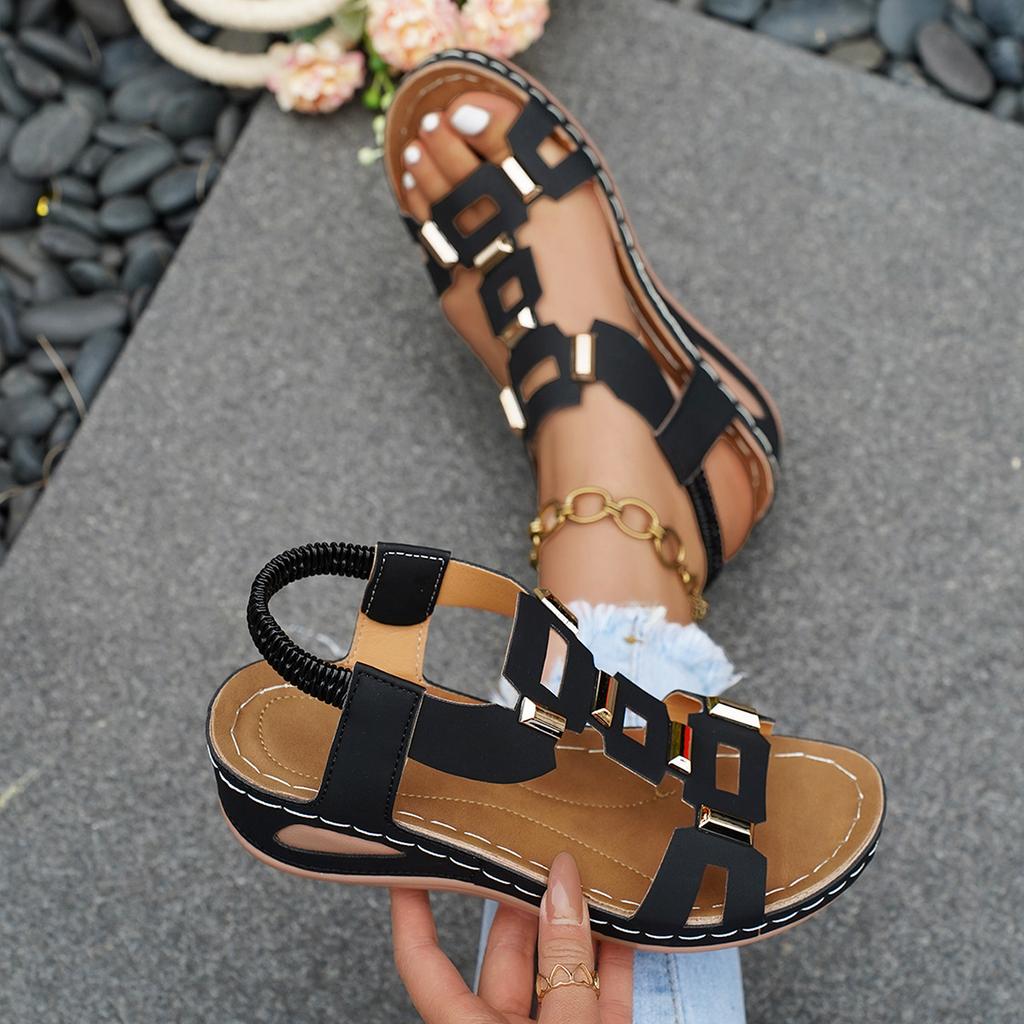Sandali da Donna Estivi con Zeppa e Bocca di Pesce Fibbia Metallica Elastici Slip-On Scarpe alla Moda da Donna Taglie Forti