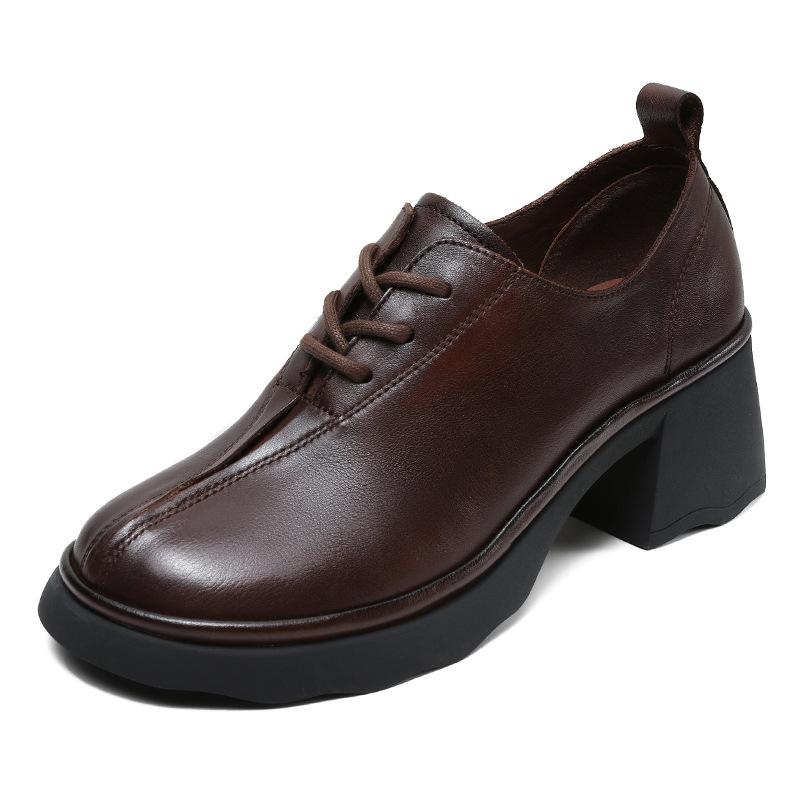 

Туфли-лодочки Johnature из натуральной кожи на шнуровке в британском стиле в стиле ретро на высоком толстом каблуке Женская обувь 37 коричневый