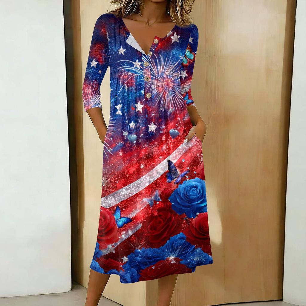 Women’s Casual 34 Sleeve Button Neck Printed Midi Dress with Pocket Loose Fit Soft Fabric Flag Pattern Design