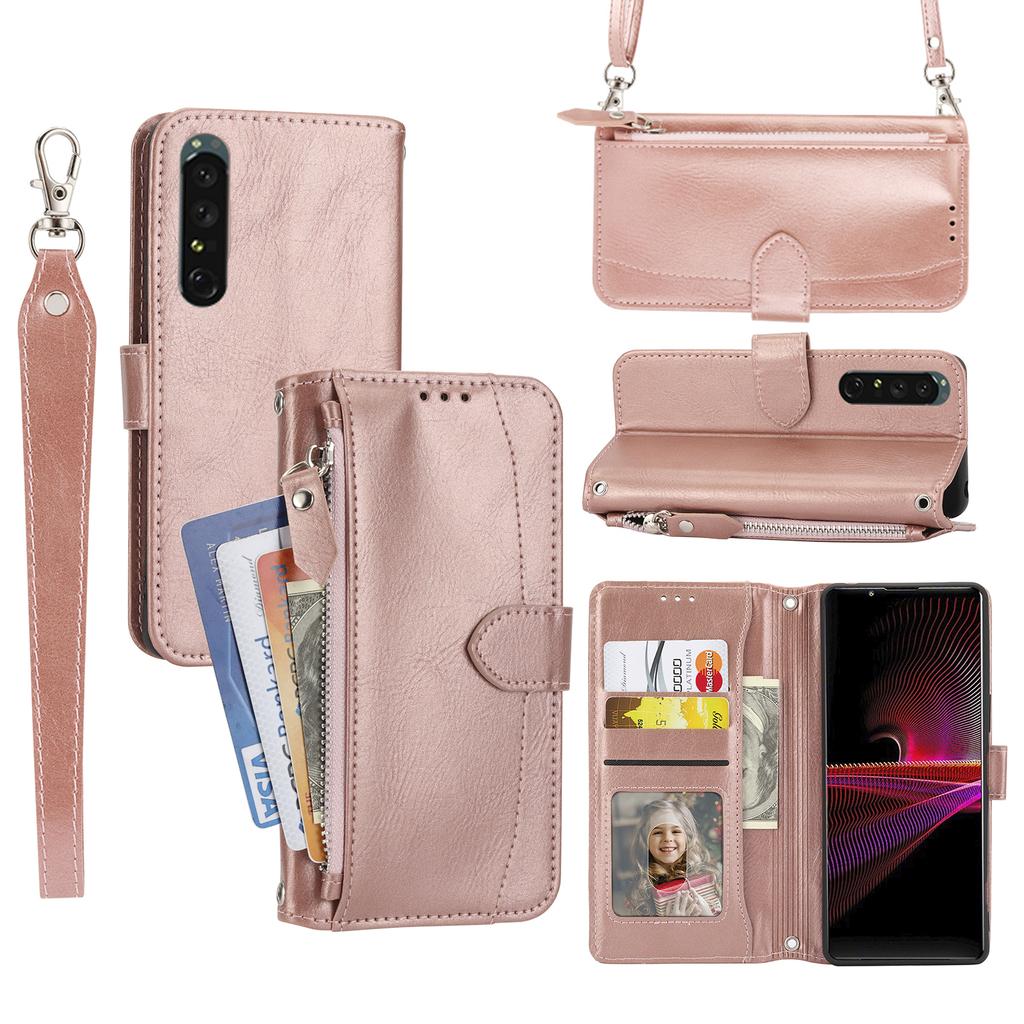 For Sony Xperia 5 IV 5G Case Zipper Pocket Leather Phone Cover with Crossbody Shoulder Strap