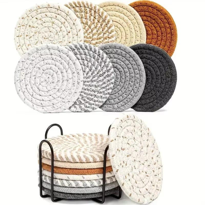 8-Piece Thickened Cotton Rope Coaster Set, Insulation Pads with Cup Holder, Decorative Cotton Coasters