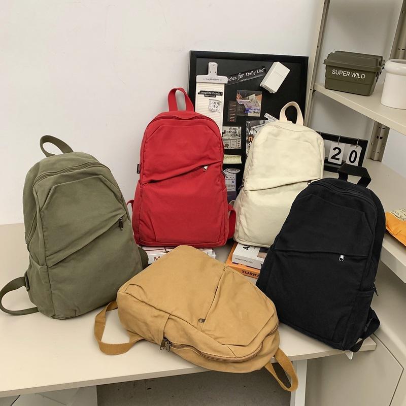 Canvas Backpack Women's Large Capacity Solid Color Student Schoolbag Men Travel Backpack