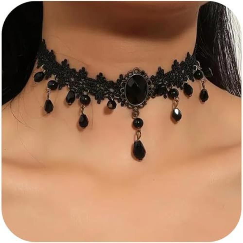 1PC Halloween Black Lace Necklace Court Gothic Personalized Black Gemstone Suitable for Party and Festival Gifts