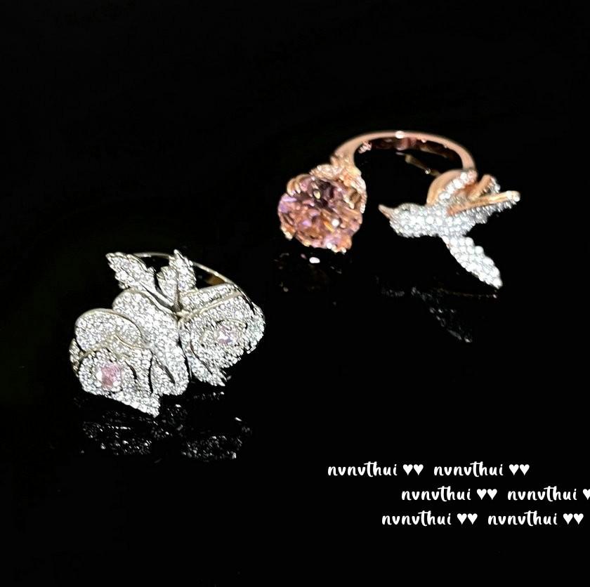 Anel Pássaro com Pedra Rosa de Princesa em Fuga, Papalacha, Anel de Zircônia Rosa Topa Rose em Pó de Ouro 18K