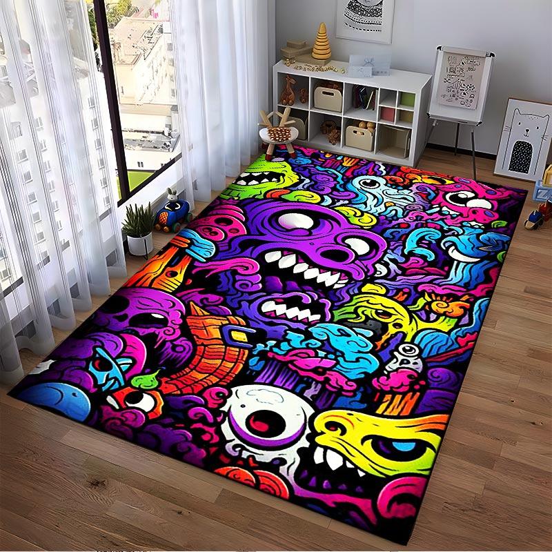 Colorful Cartoon Monster Faces Carpet with Vibrant Abstract Design Suitable for Use As an Anti-slip for Living Room Bedroom Sofas