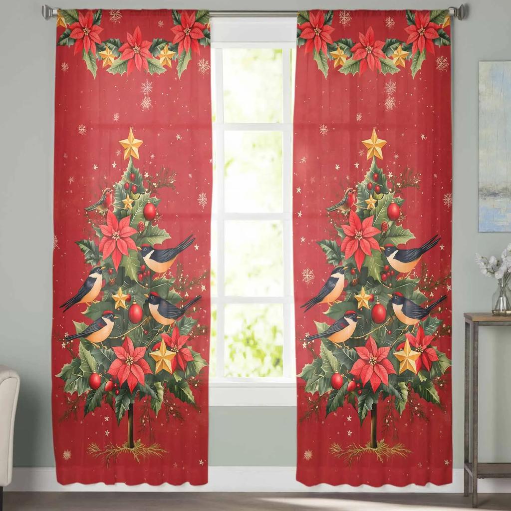 Christmas Winter Plants Flowers Sheer Curtains for Living Room Decoration Window Curtains Kitchen Tulle Voile Curtains