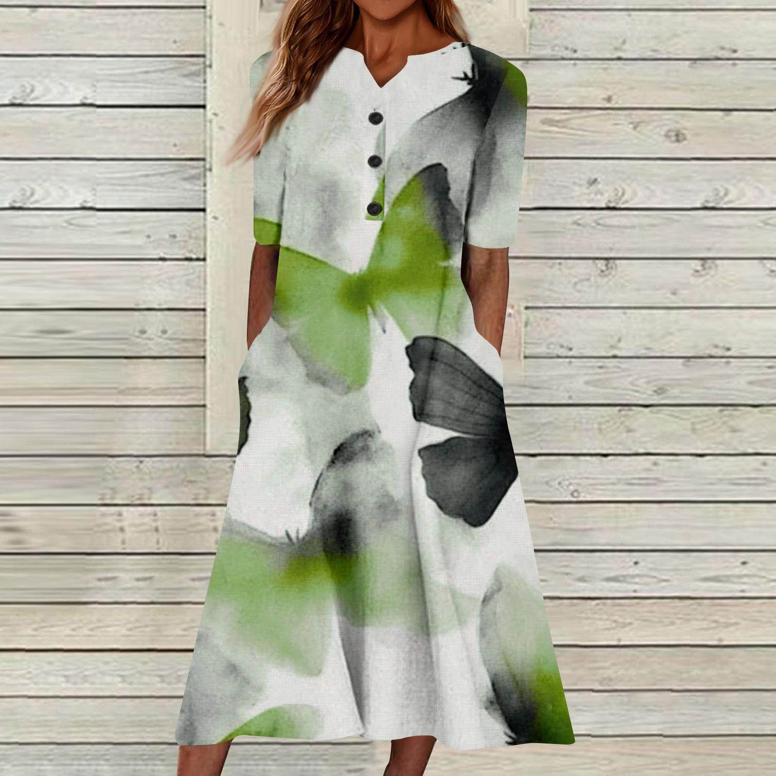 

Женский летний повседневный цветочный (Градиент) Платье с коротким рукавом с принтом XL зелёный