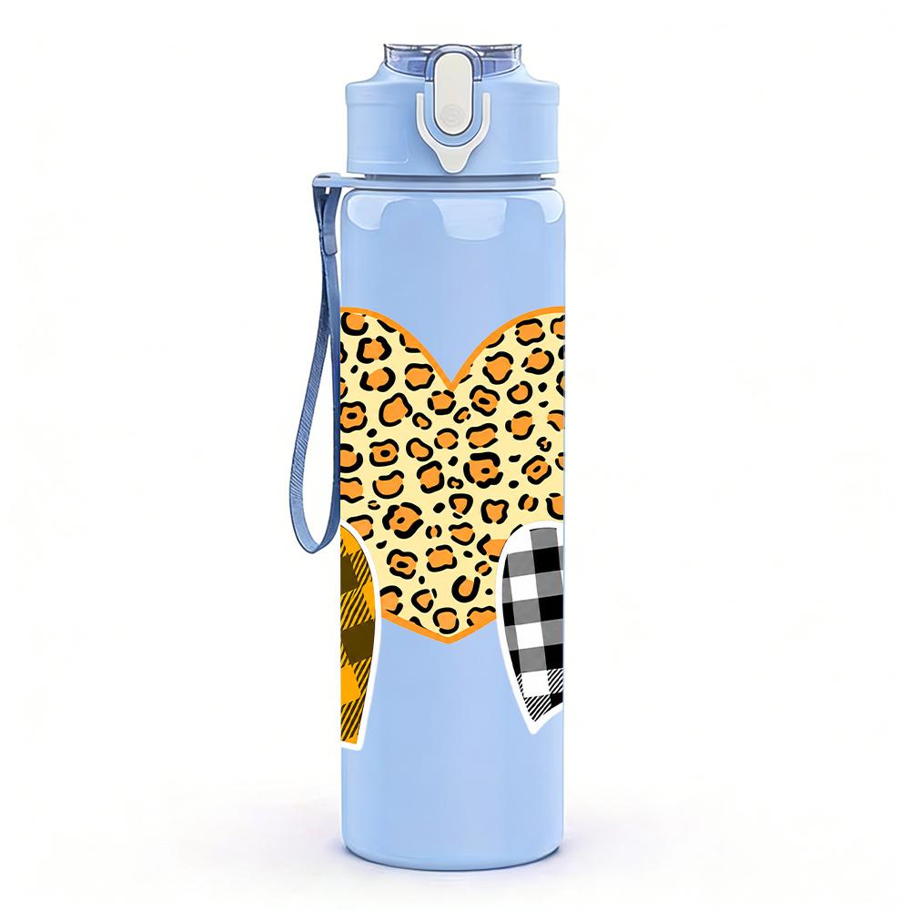 1PC Leopard Buffalo Plaid Heart Combo 750ml Color Plastic Sports Water Bottle Leakproof Flip Straw Lid Suitable for Sports Office Home Use