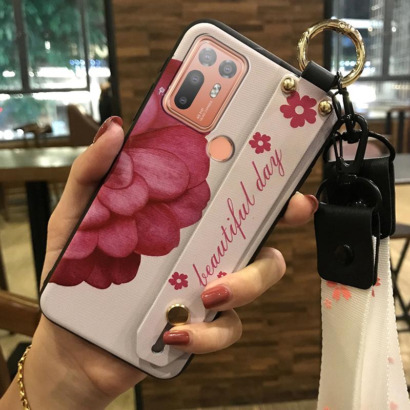 Durable Wristband Phone Case For HTC Desire 20 Plus/D20+ Lanyard Back Cover Shockproof Flower Soft case Fashion Design
