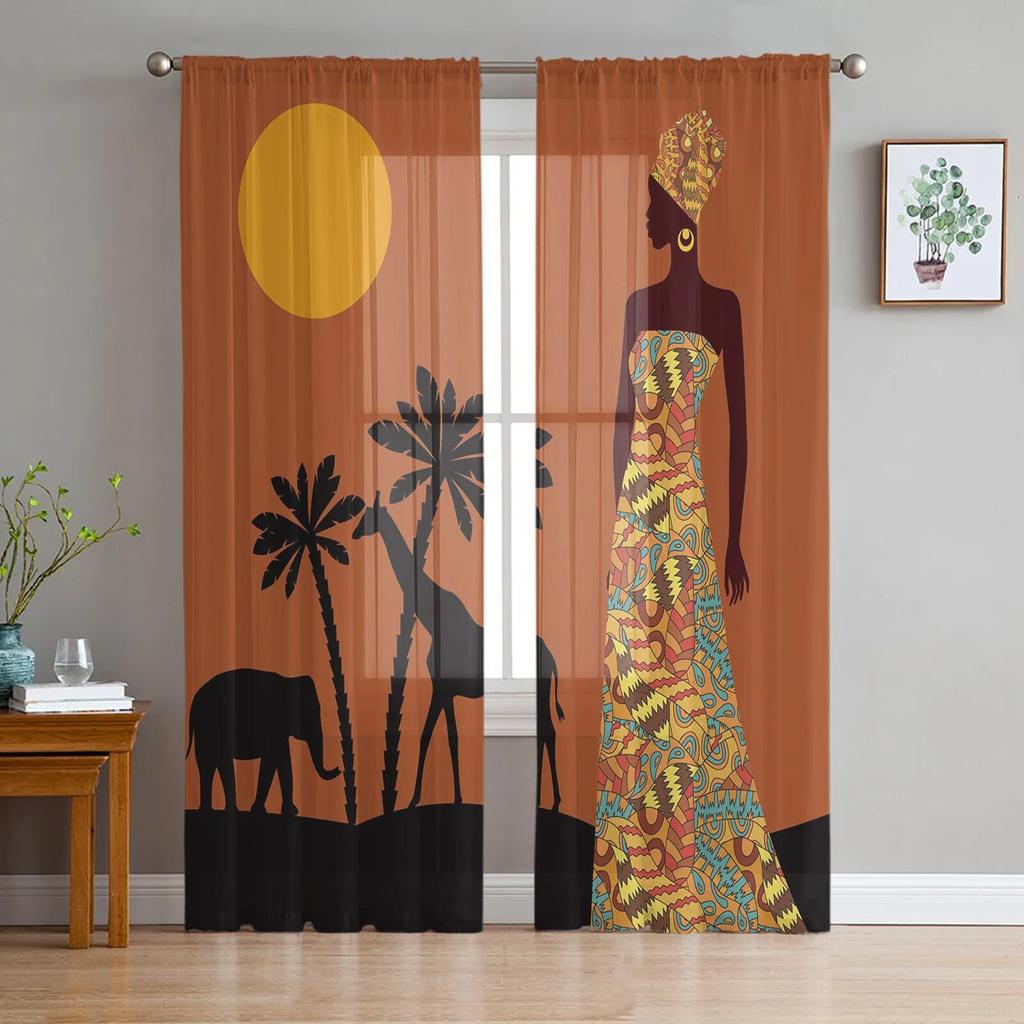 Afrikanische Frauen Ethnische Giraffe Elefant Tüll Vorhänge Für Wohnzimmer Chiffon Voile Sheer Fenster Vorhang Für Schlafzimmer