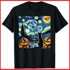 Halloween Van Gogh Starry Night Black Cat Black Cotton T-Shirt S-5XL