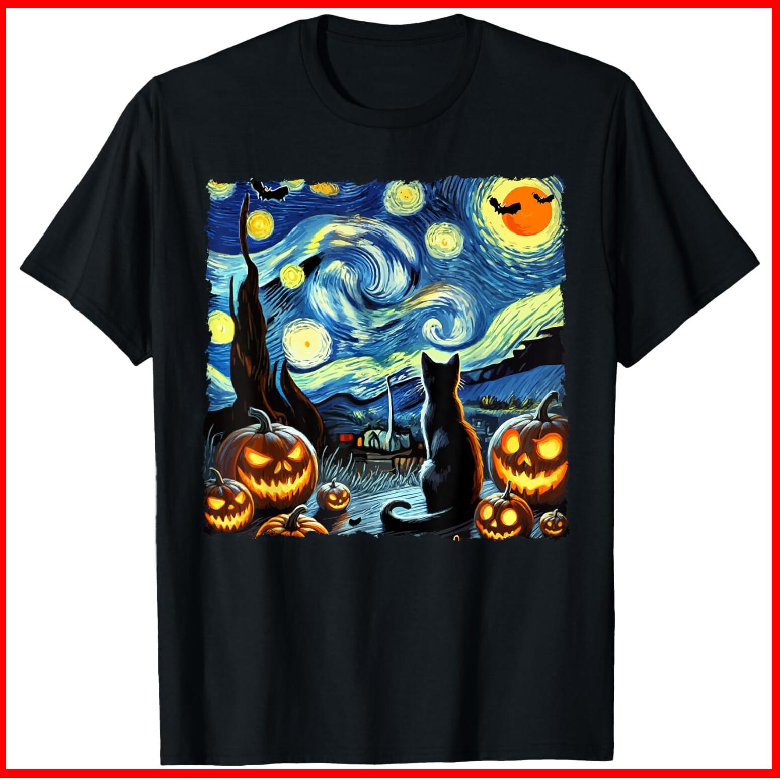 Halloween Van Gogh Starry Night Black Cat Black Cotton T-Shirt S-5XL S