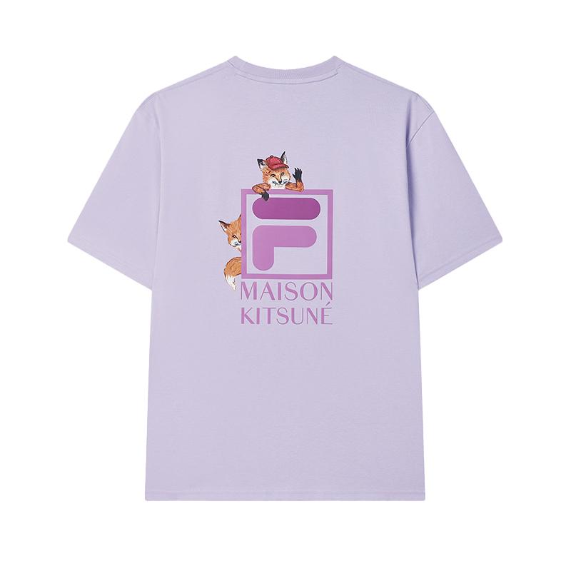 Fila X Maison Kitsune Fox T-Shirt Lightweight Breathable Quick-Dry Casual Versatile Short Sleeve Men Tops Purple F11U529101F-VT