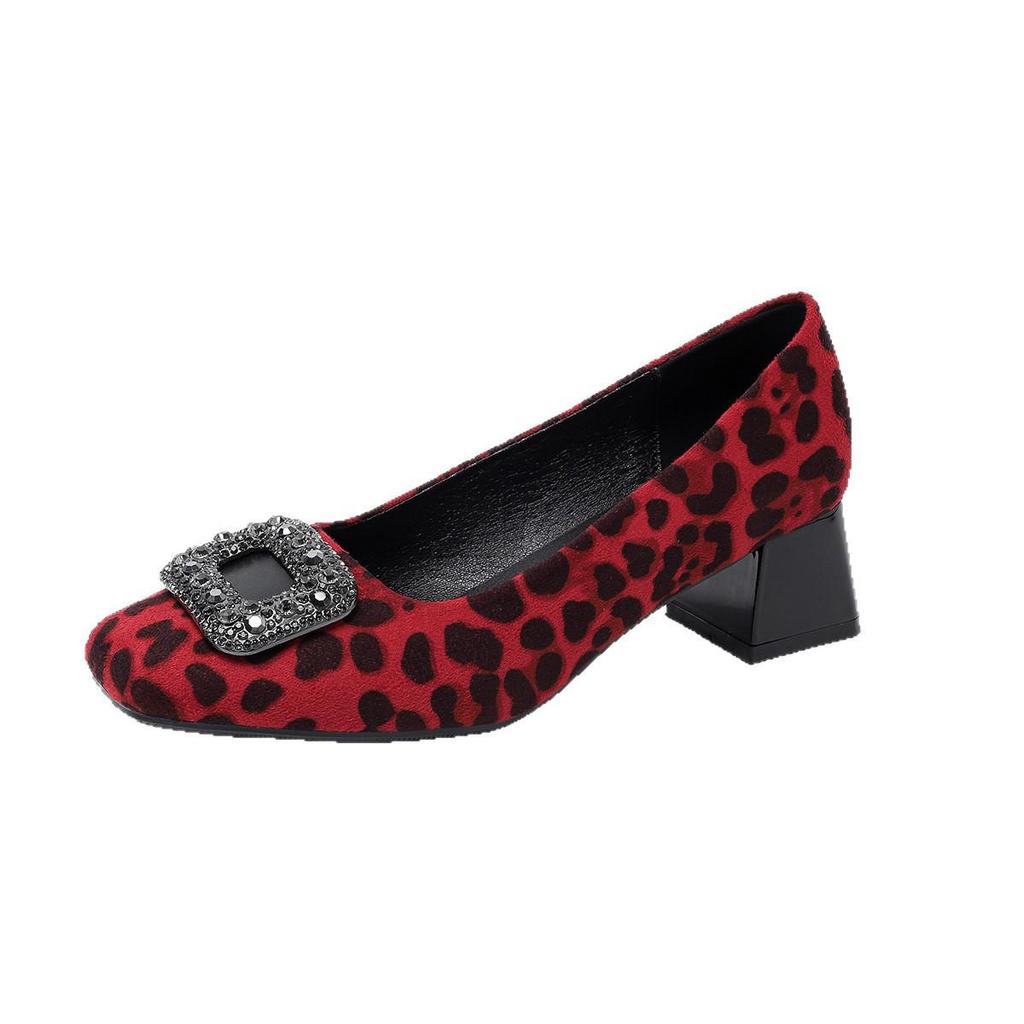 Leopard Print Rhinestone High Heels - Square Toe, Chunky Heel, Plus Size 43, European & American Style