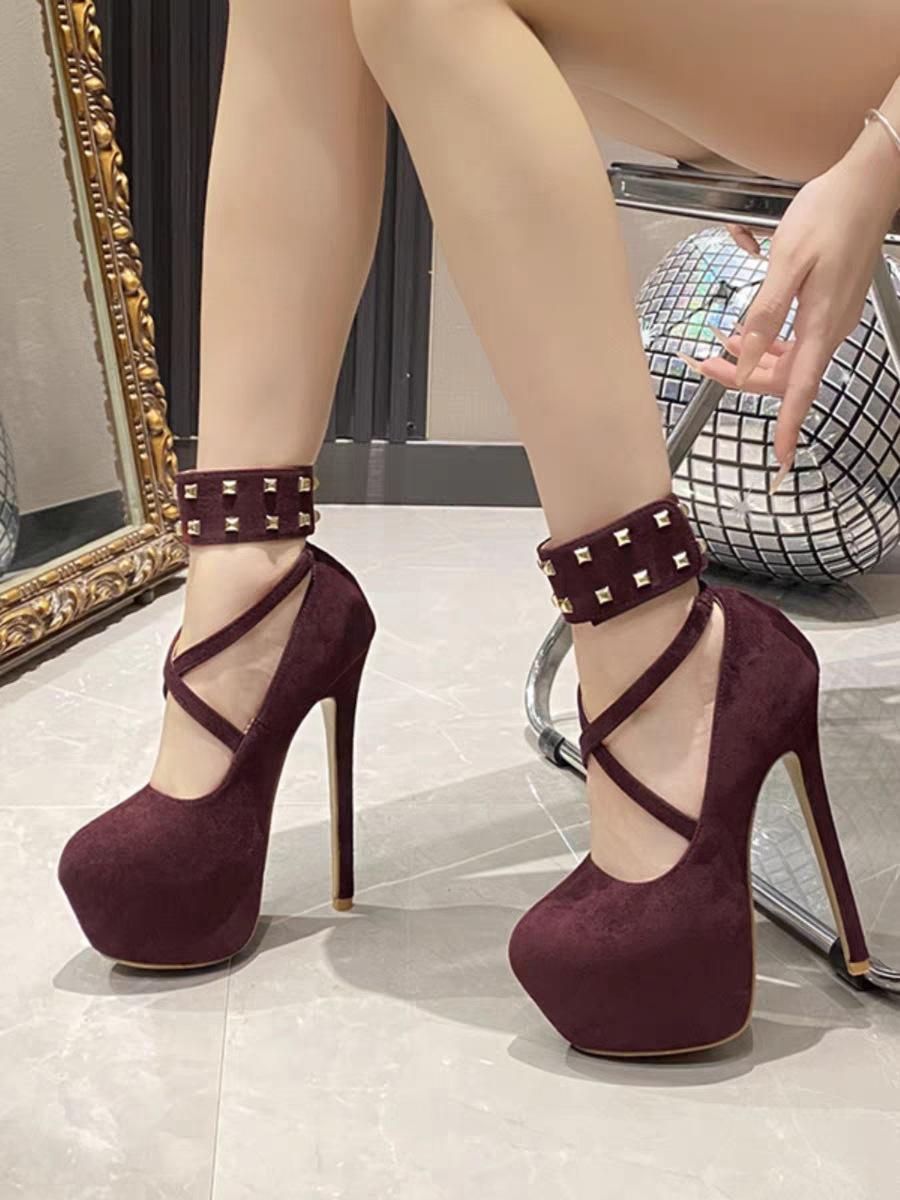 

High heels women s high-end fashion 2025 new spring new rivets round head sexy shallow mouth single shoes women s high heels 42 бордовий