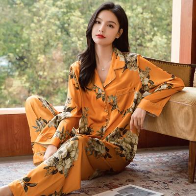 Spring and Autumn Star Style Ice Silk Thin Pajamas Long Sleeve Suit Women's Home Clothes Suit