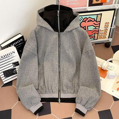Unisex Retro Stand Collar Knit Cardigan Two-Piece Hooded Zip-Up Jacket, Autumn Winter Casual.