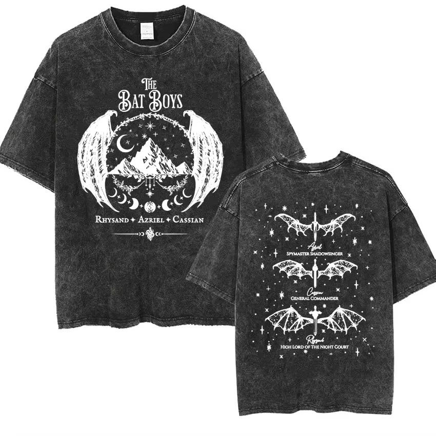 The Night Court ACOTAR T-shirt Vintage Tvättad Bomulls-Tee Unisex Kortärmad Rund Hals Mörk Fantasy Romantik Gotisk Streetwear Topp Gåva