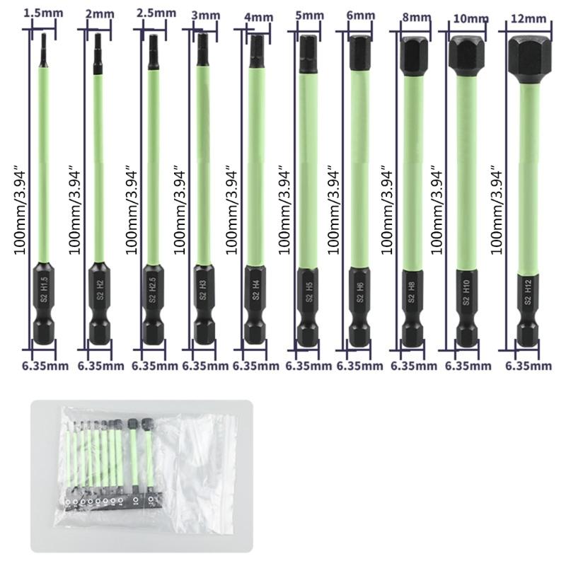 10Pcs 1.5mm-12mm Allen Wrench Drill Bit 1/4inch Hex Screwdriver Bit Set Allen Key Bit Set for Assembling Furniture