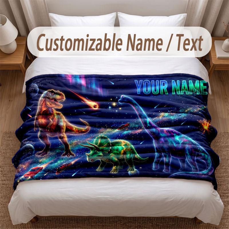 Dinosaur Theme Soft Blanket Personalized Custom Name Text Print Warm Blanket Home Sofa Bedroom Decor