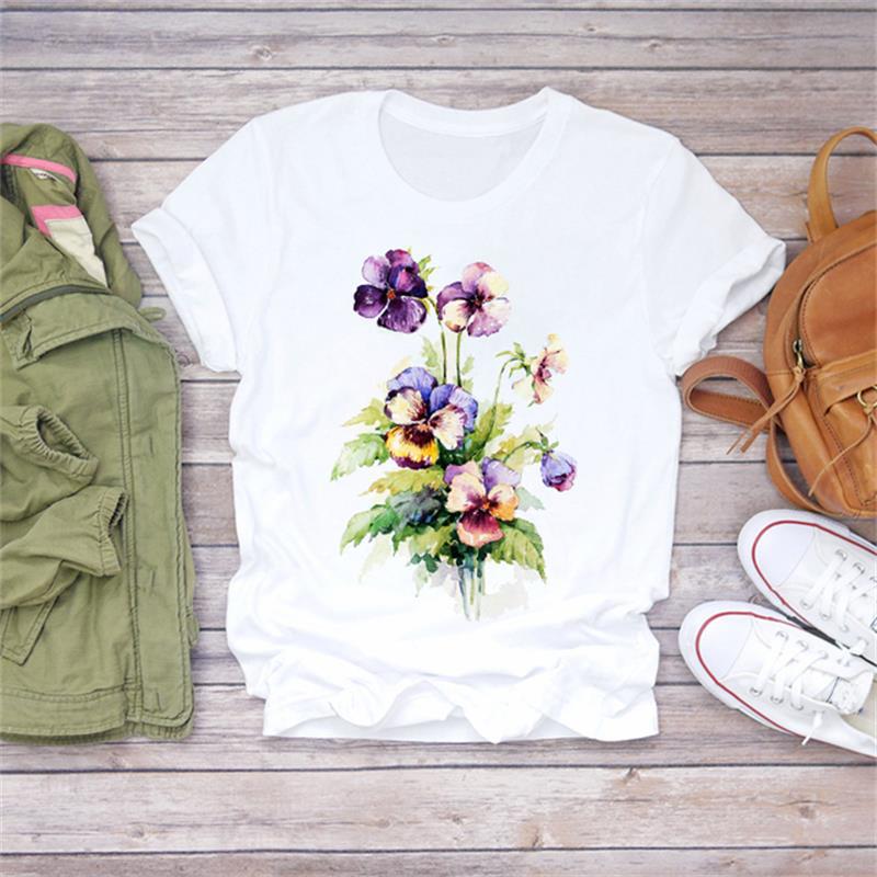 Casual Flower Graphics Women's T-Shirt 90S Summer Blouse Short Sleeves Tees Loose White O-Neck Shirts Female Tops Kpop Clothing