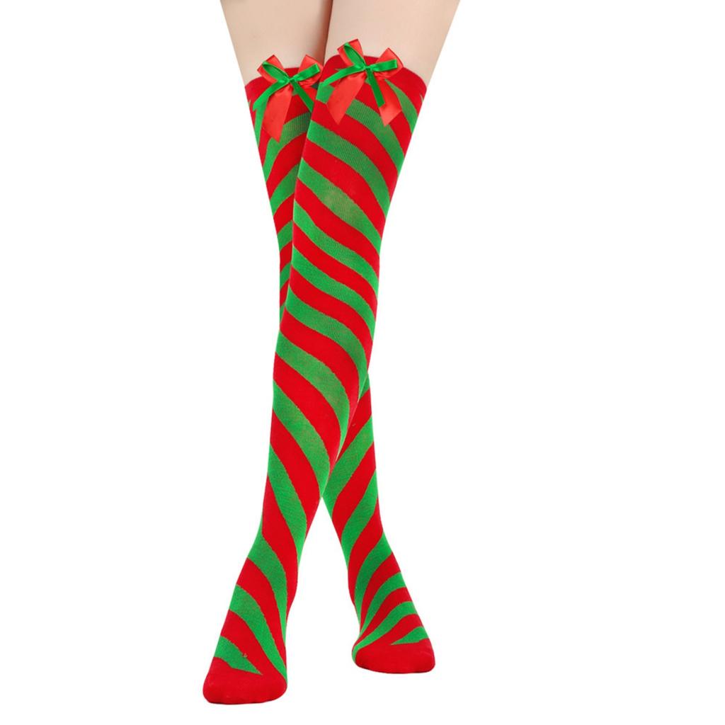 Women's Bowknot Christmas Stockings With Pom-poms Stripes Pattern Knee-high Over-the-knee Socks