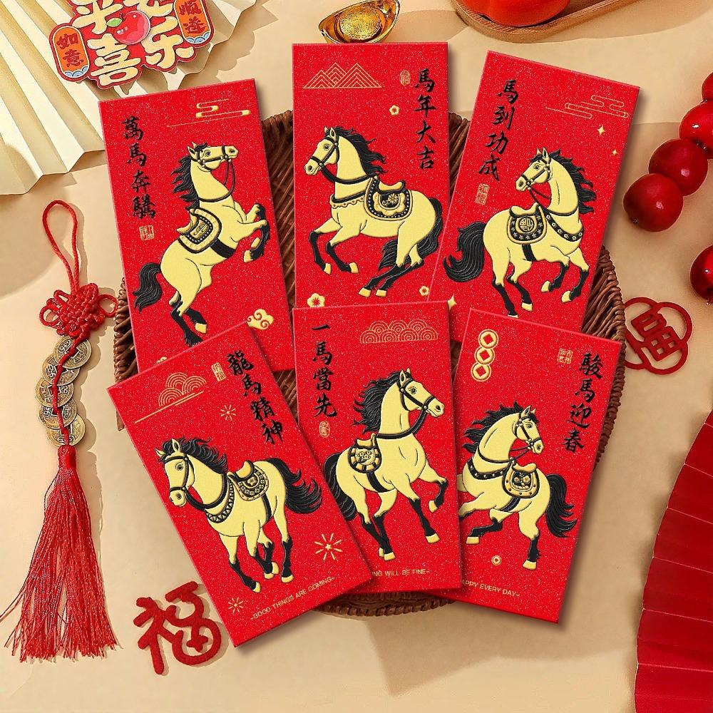 6pcs Traditional Lucky Red Pockets 2026 Horse Year Red Packet Money Bag  Chinese New Year