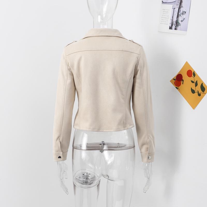 Jaqueta Vintage de Couro Camurça Sintético Slim Fina Feminina Gola Virada para Baixo Zíper Casaco Curto Manga Comprida Jaquetas Sólidas Estilo Motociclista Casual Outono Inverno