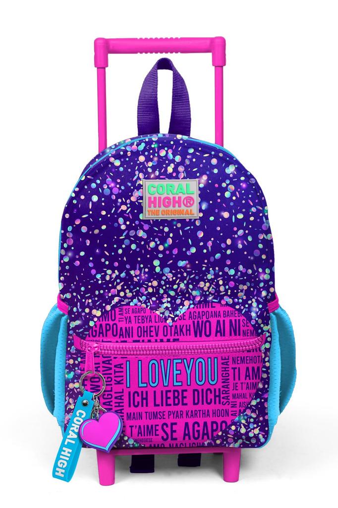 Batoh Mini Nest na kolečkách, fialový, modrý, růžový, se vzorem srdce, se dvěma přihrádkami, 24040