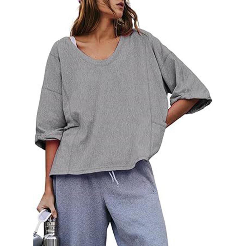 Women's U-neck Loose Seven Quarter Sleeve Patchwork Pocket Shirt