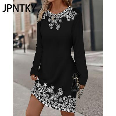 JPNTKY Moda para Mujer Otoño Invierno Vestidos Casuales de Manga Larga con Cuello Redondo