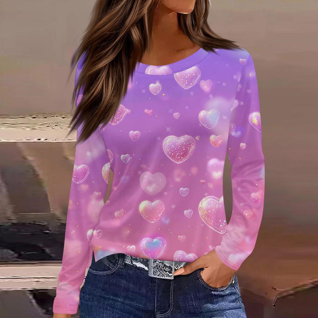 Damen Modisches Langarm-Rundhals-Oberteil mit Schlitzsaum und Valentinstag-Herzprint