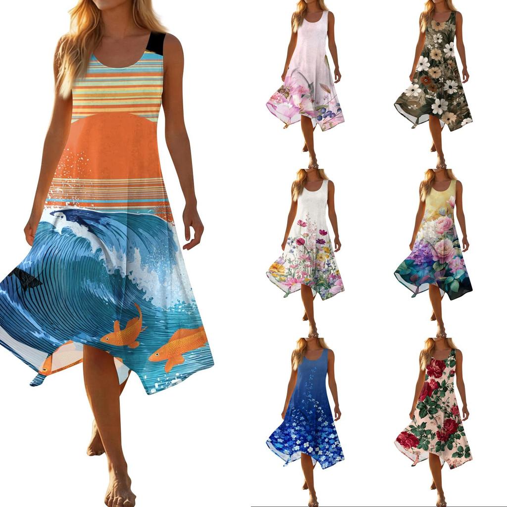 Sleeveless Casual Mid-Length Dress with Round Neck Irregular Hemline and Wave Print for Women Summer Beachwear