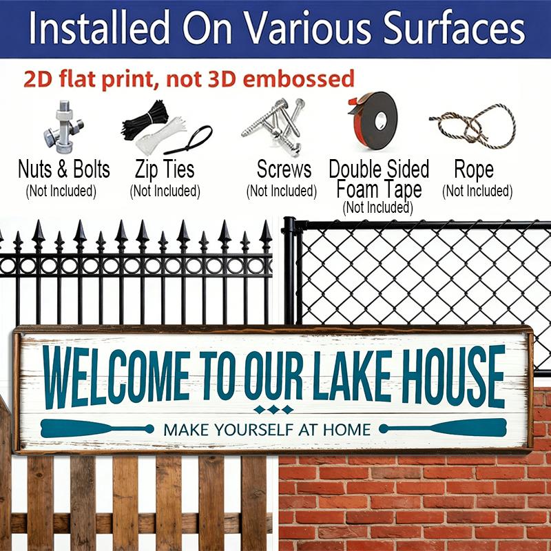 1pc Rustic Lake House Welcome Sign -15.7×3.94inch Aluminium Wall Plaque with "Welcome to Our Lake House" & "Make Yourself at Home" Design, Ideal for