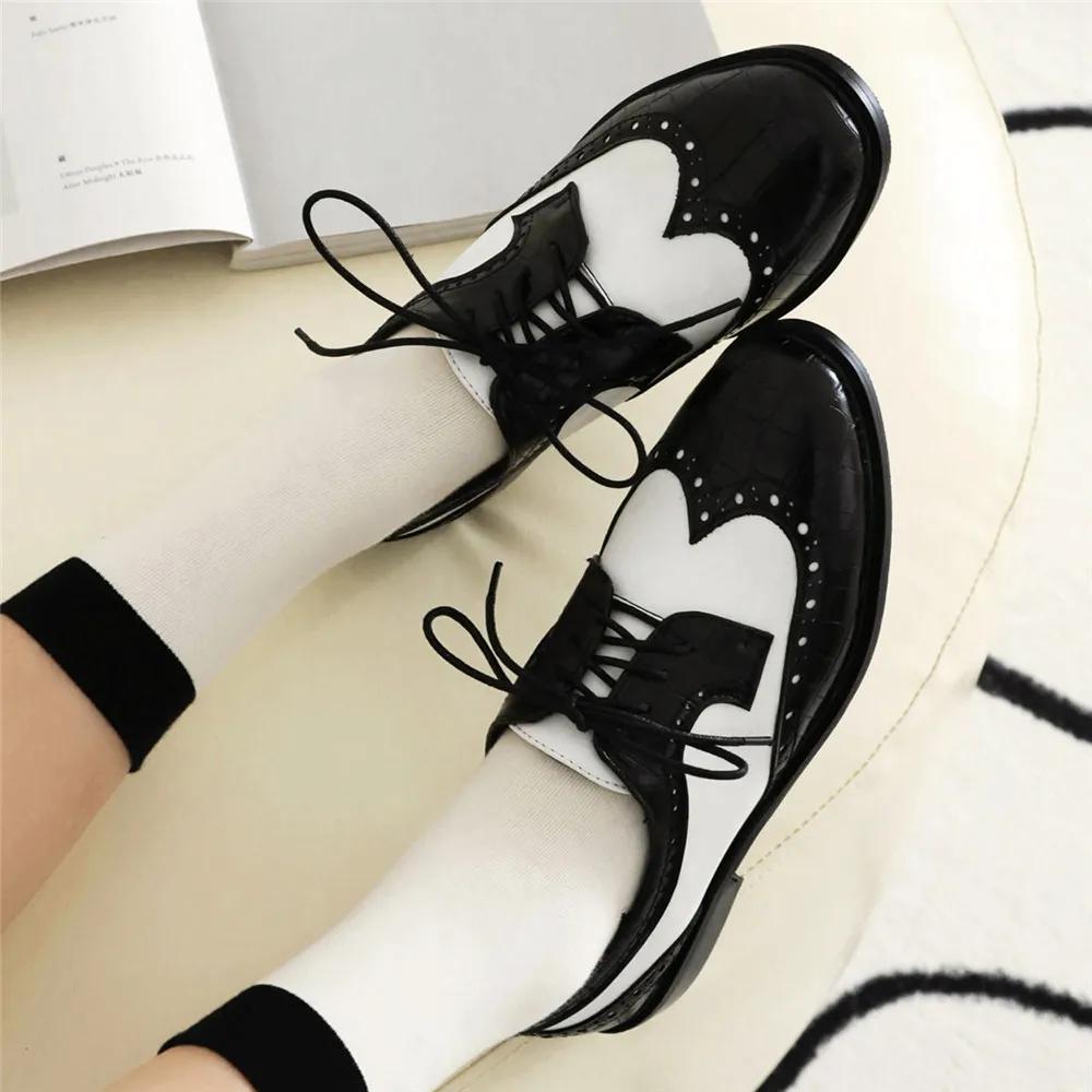 Fashion 2025 Fashion Spring Autumn Oxford Flats Woman Lace-up Round Toe Loafers Leather Derby New British Ladies Thick Heel Shoes 34-43