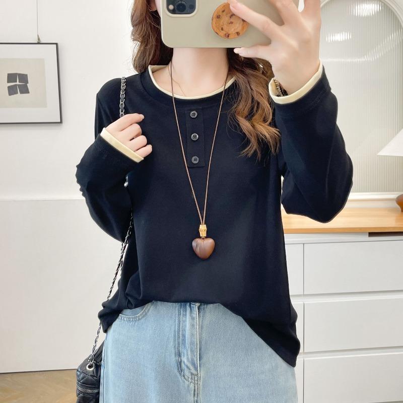 Women S Plus Size Long Sleeve Fake Two Piece Pullover Top Casual Slimming Base Shirt