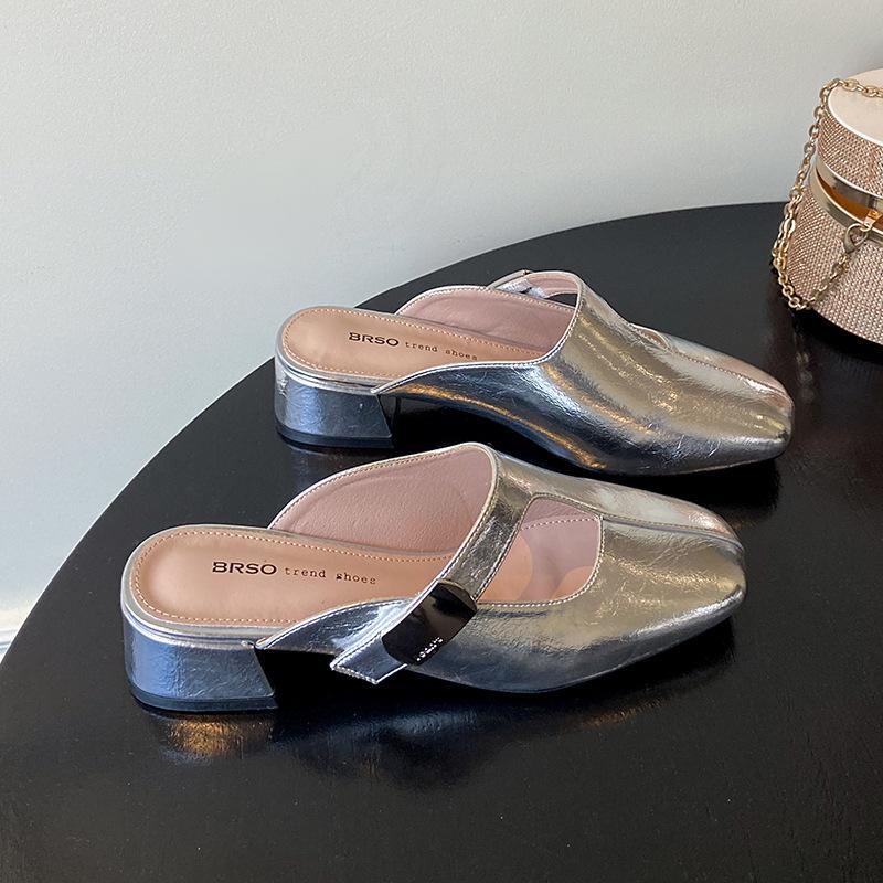 

2025 новая сумка из искусственной кожи, шлепанцы с закрытым носком, женская модная универсальная ленивая полуобувь, шлепанцы на одном педале, женская обувь 40 серебряный