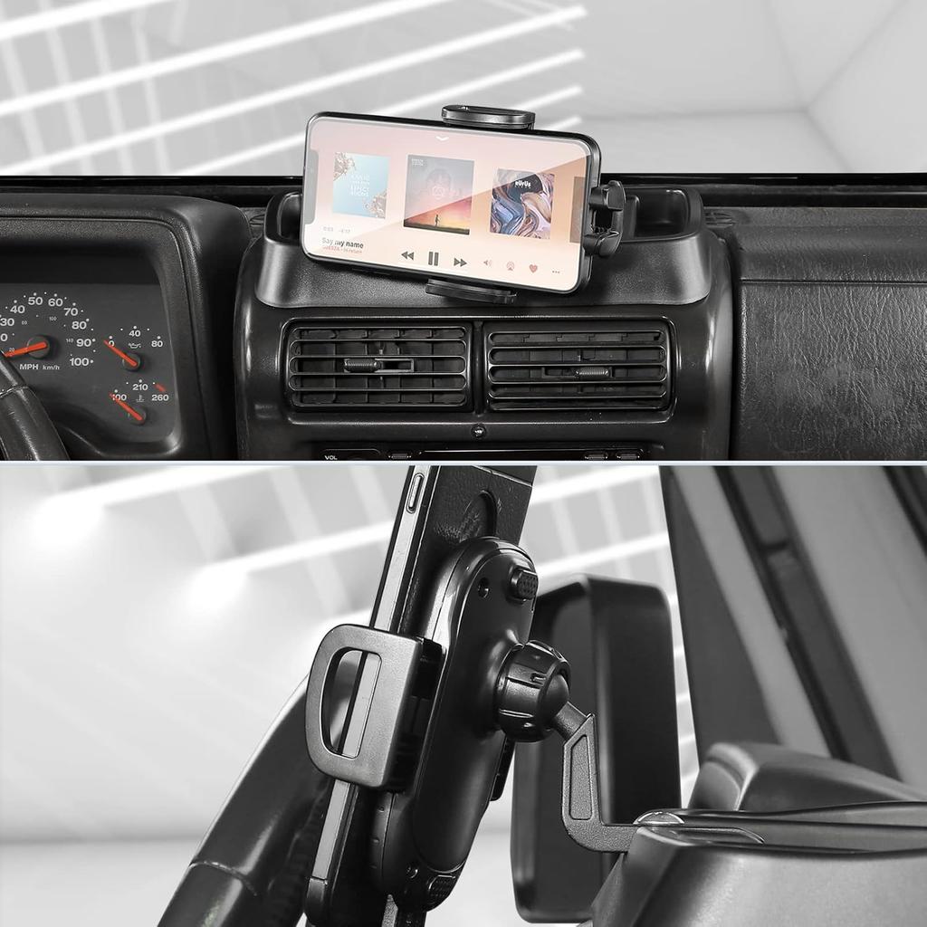 JeCar TJ Phone Holder Upgrade Dash Cellphone Mount With Storage Tray Interior Accessories Compatible With Jeep Wrangler TJ 1997-2006