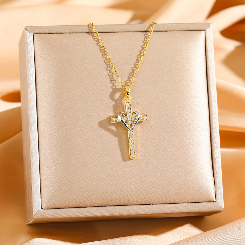 Trendy Ins Style Small Cross Pendant Necklace with Gold Plated Heart and Zircon for Women
