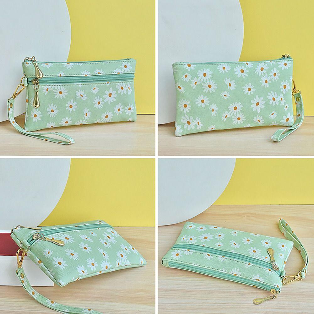 PU Leather Money Coin Purse Wear-resistant with wrist strap Credit Card Holoder Daisy Printed Zipper Phone Bag for Women Maiden