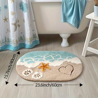1 pièce Tapis de sol ovale en peluche imitation cachemire pour salle de bain - Thème Océan avec motif étoile de mer de plage et cœur, Tapis pour salle de bain, Décoration à thème