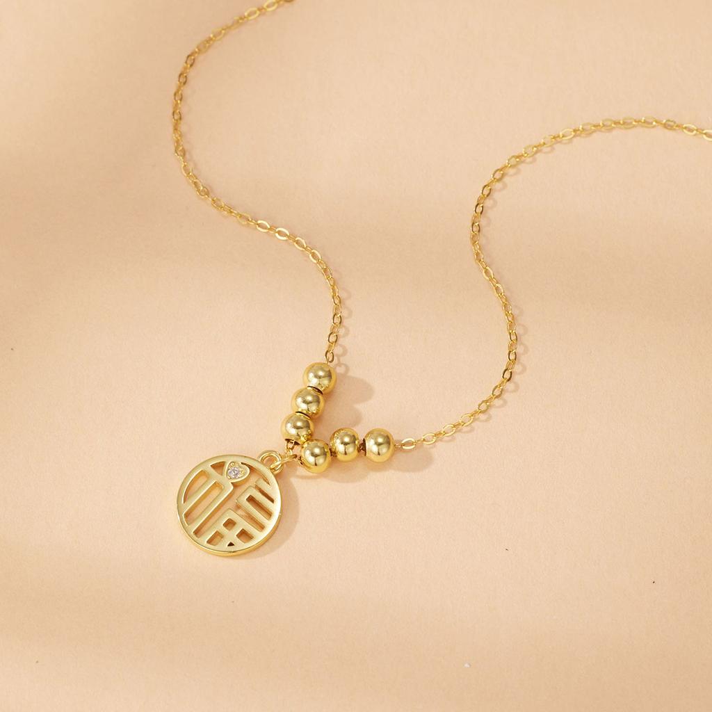 S925 Silver Fu Brand Necklace Women's Fu Character Pendant Six Beads Cross Chain Niche Clavicle Chain Jewelry Fashion